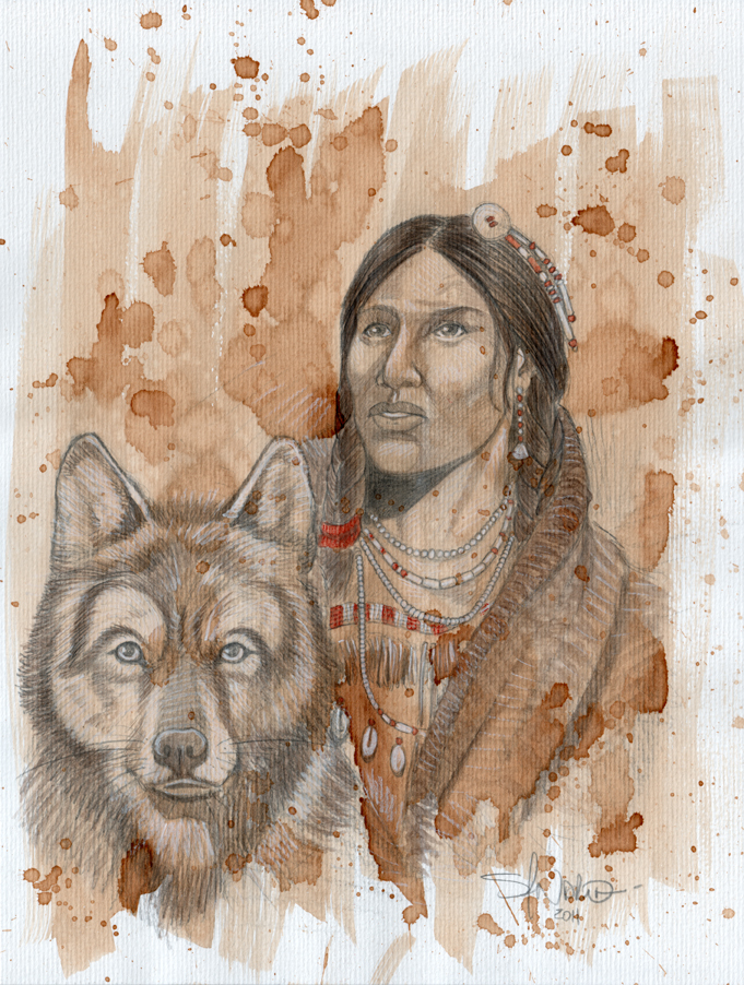 Indian-native-girl-&-the-wolf